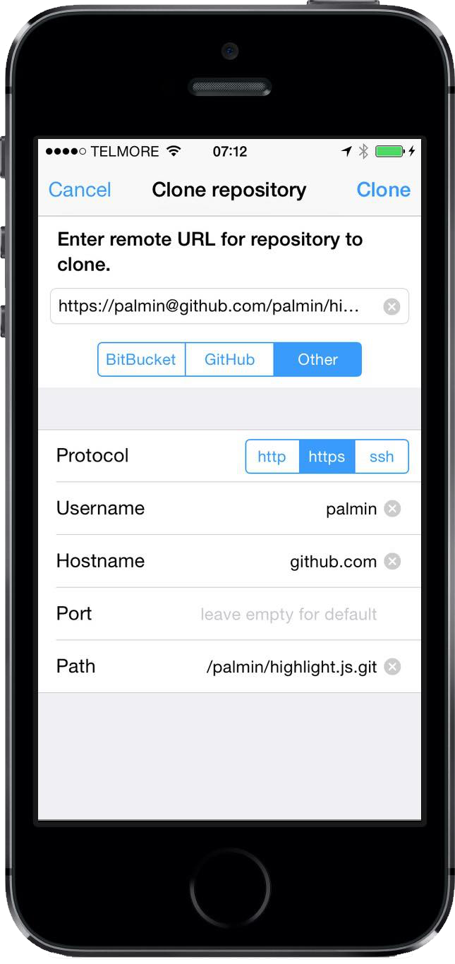 Video showing cloning on phone: User presses + in the upper right corner and picks clone. Picks protocol, types username, hostname and path on the Other tab. Picks repository from list on GitHub tab. Presses Clone to start transfer. When cloning completes the repository contents are shown.